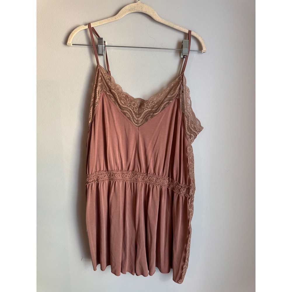 POL Lace Trim Romper Brown Mauve Boho Sleeveless Adjustable Straps Small